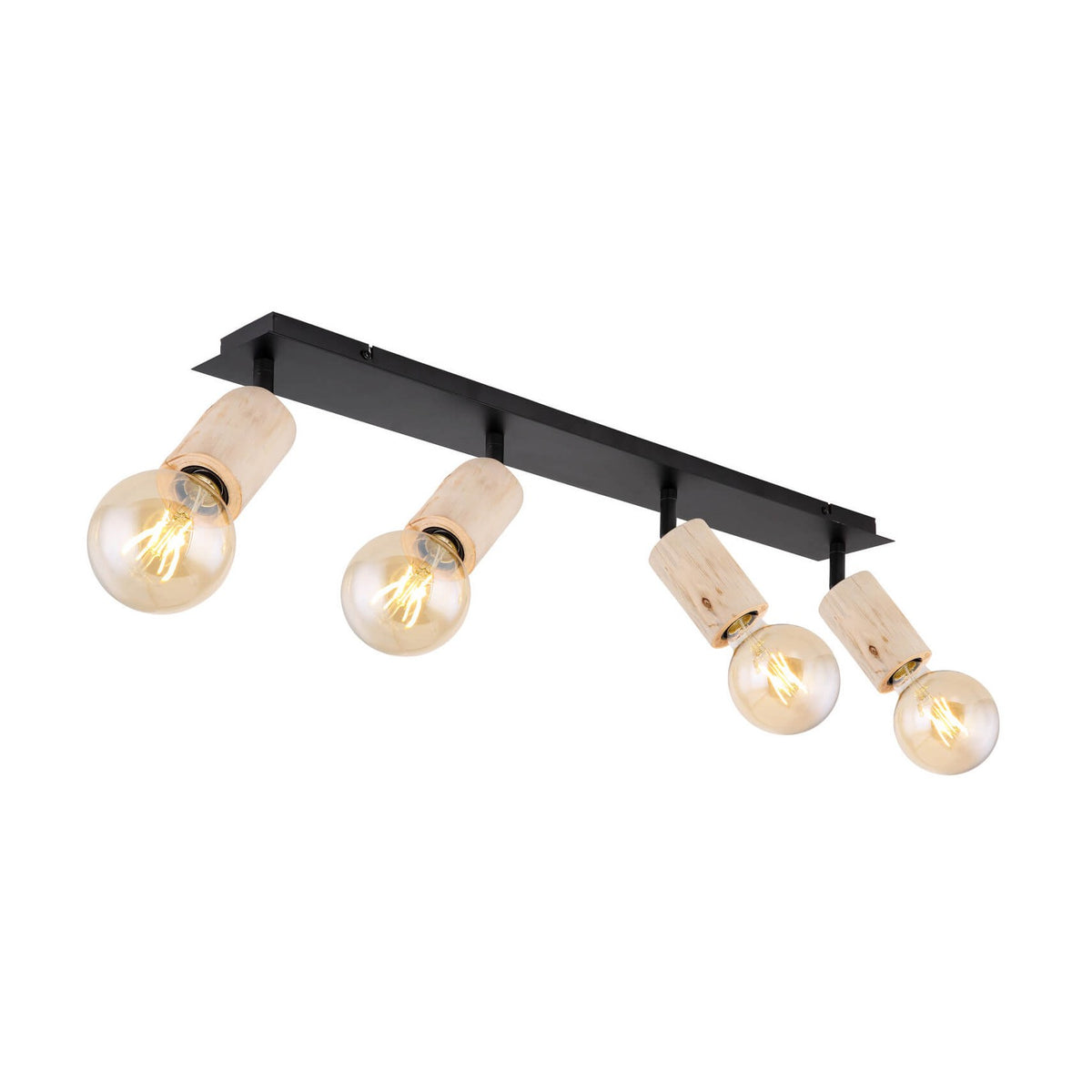 Plafonnier quatre spots orientables, barre noire et douilles cylindriques en bois clair