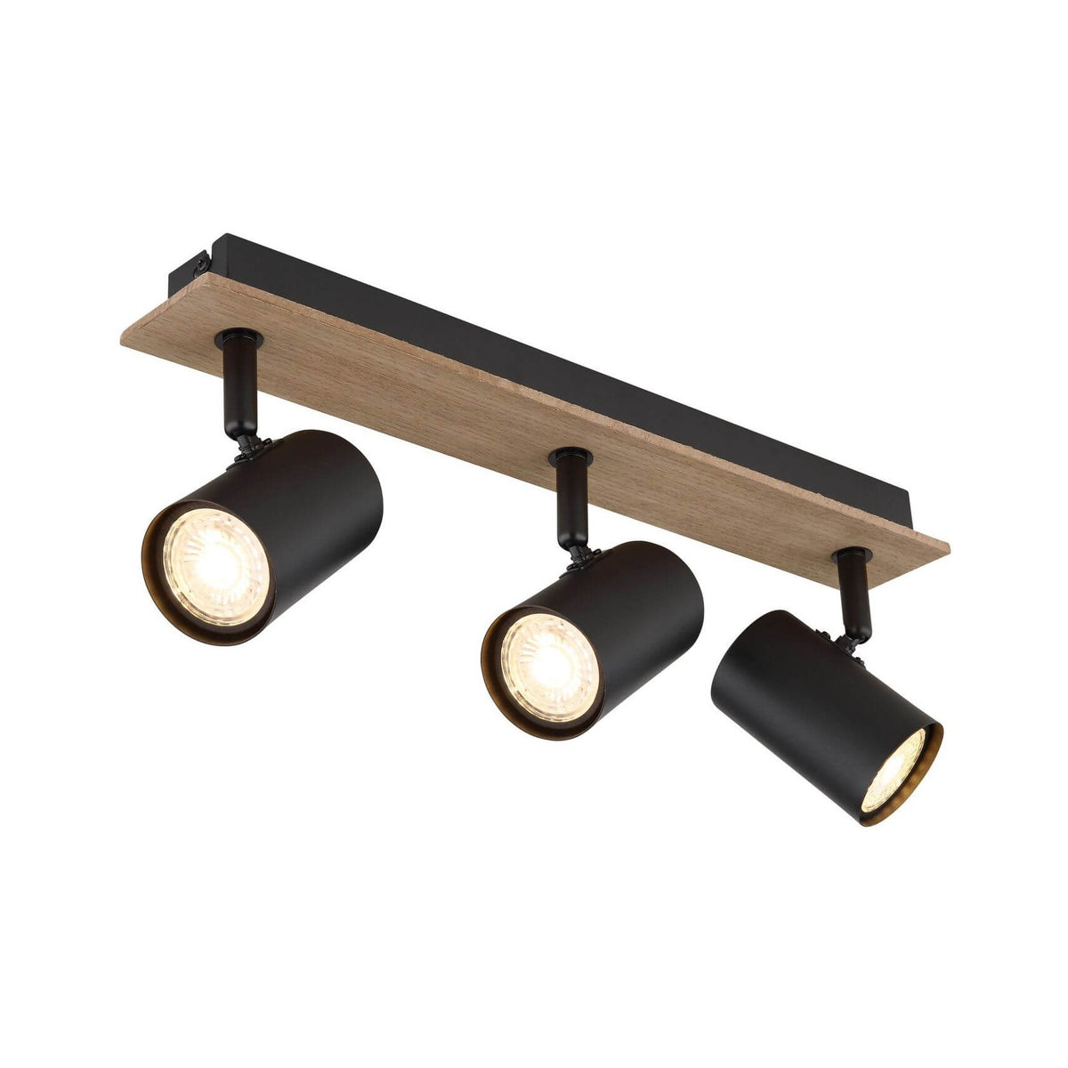 Luminaire plafond trois spots cylindriques noirs sur base rectangulaire en bois clair
