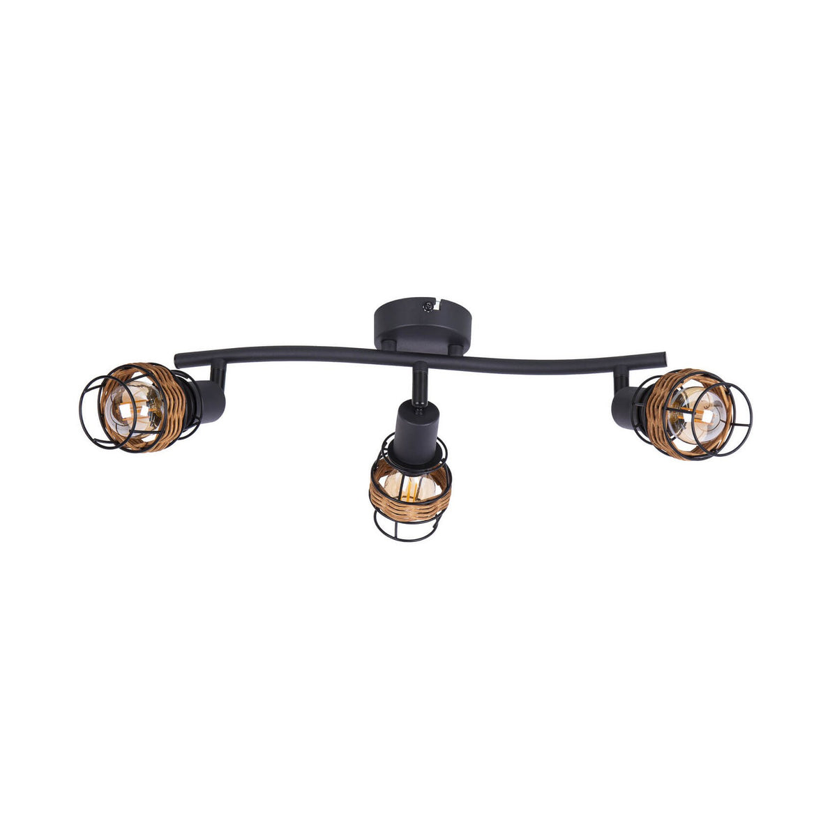 Luminaire plafond trois spots noirs et rotin, vue de face sur fond blanc