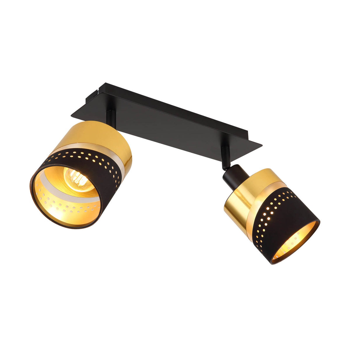 Vue de trois quarts du luminaire double à spots orientables noirs et dorés sur fond blanc