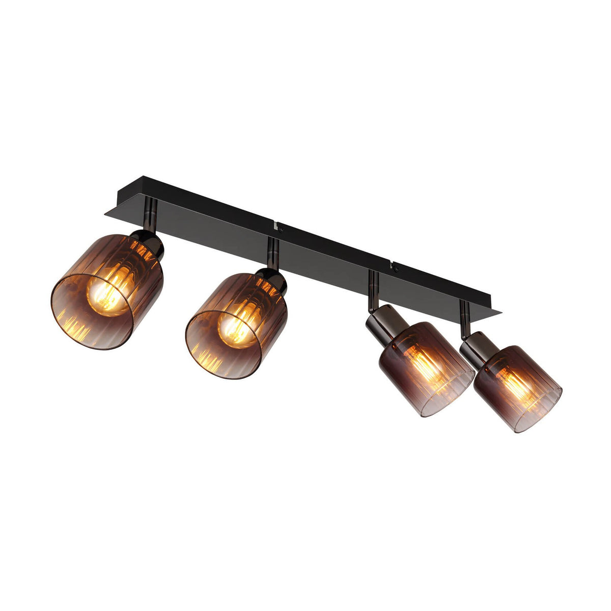 Luminaire à quatre spots orientables sur rail noir, verres fumés ambrés allumés, fond blanc