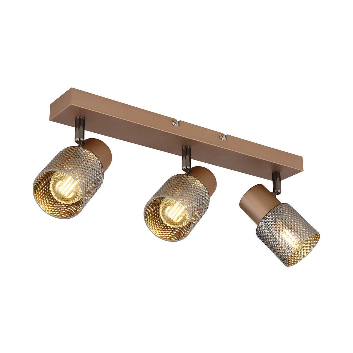 Luminaire spot triple marron et argent avec trois projecteurs orientables allumés.