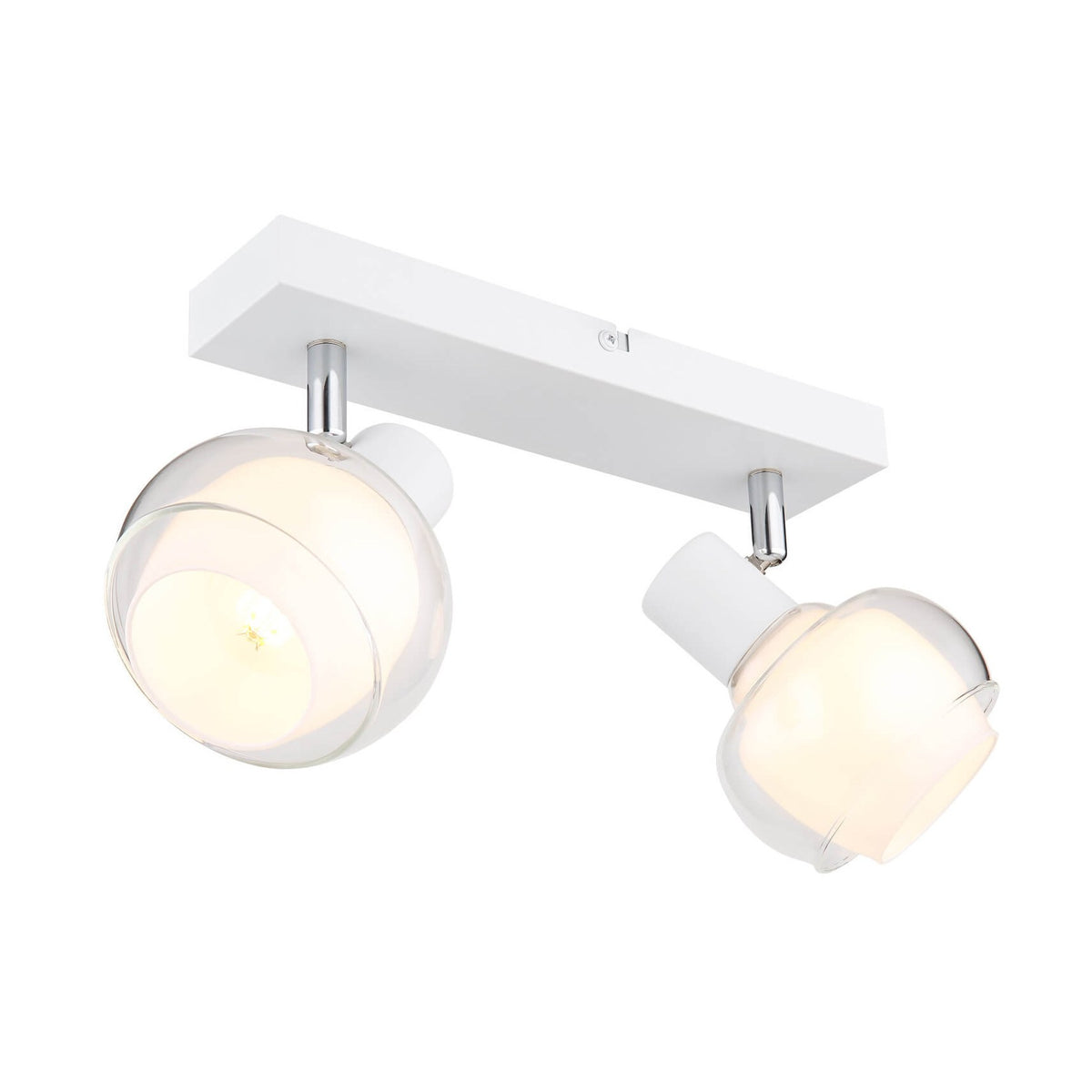 Vue de face du spot double blanc mat avec deux globes orientables allumés.