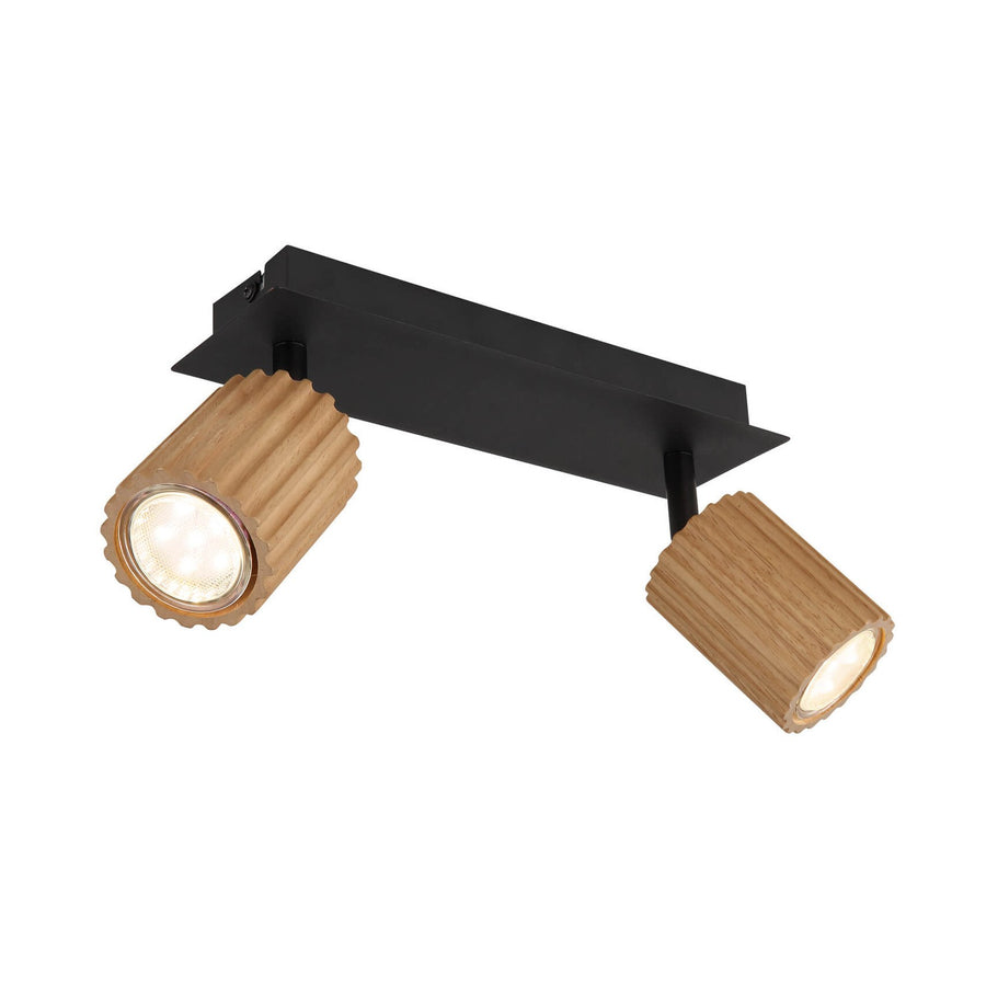 Vue de trois quarts du spot plafond noir mat à deux têtes en bois cannelé