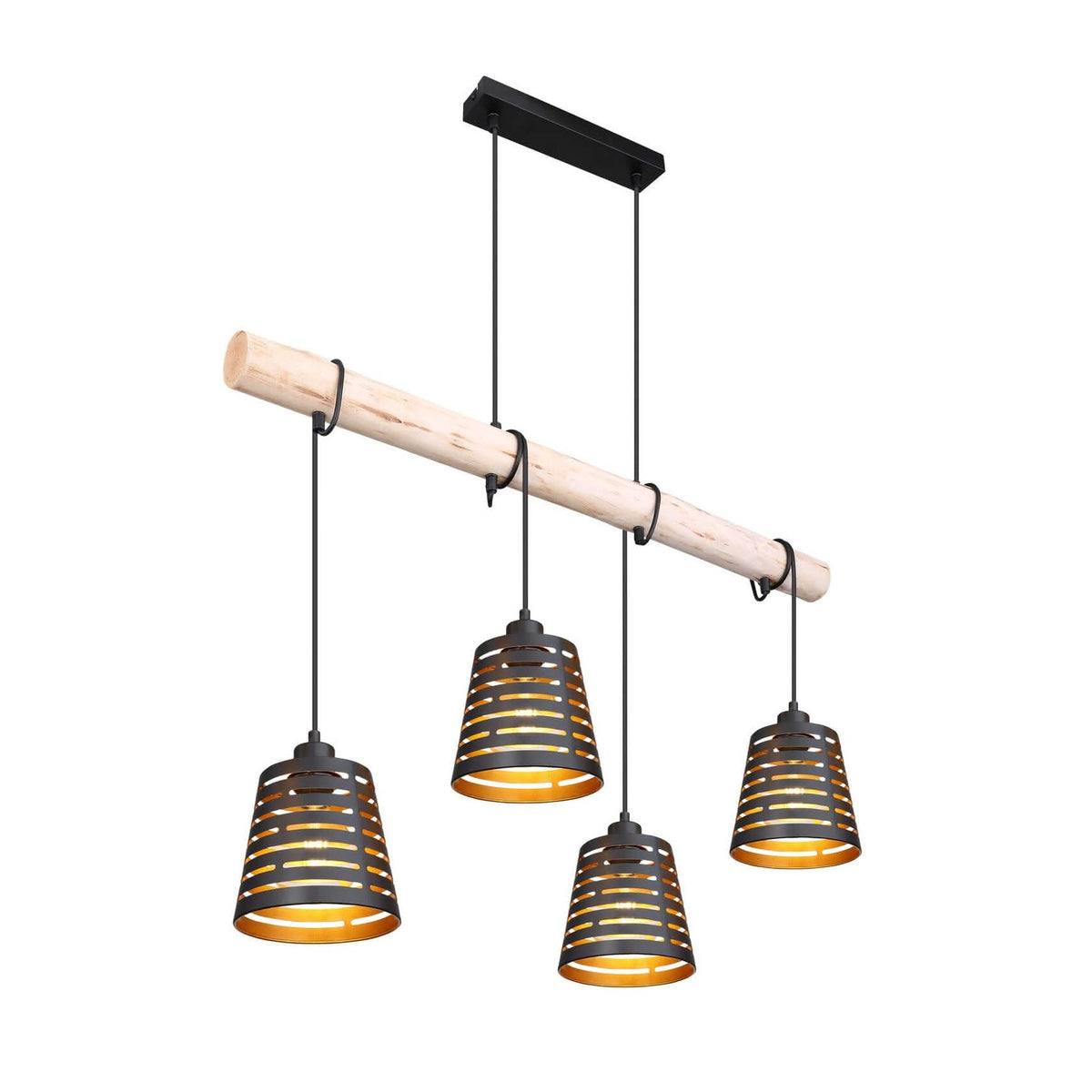 Vue de trois quarts du luminaire complet, poutre en bois clair et quatre suspensions noires ajourées