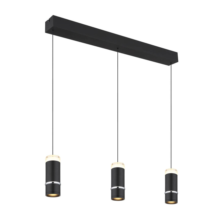 Suspension noire mate avec trois cylindres suspendus et barre rectangulaire au plafond.