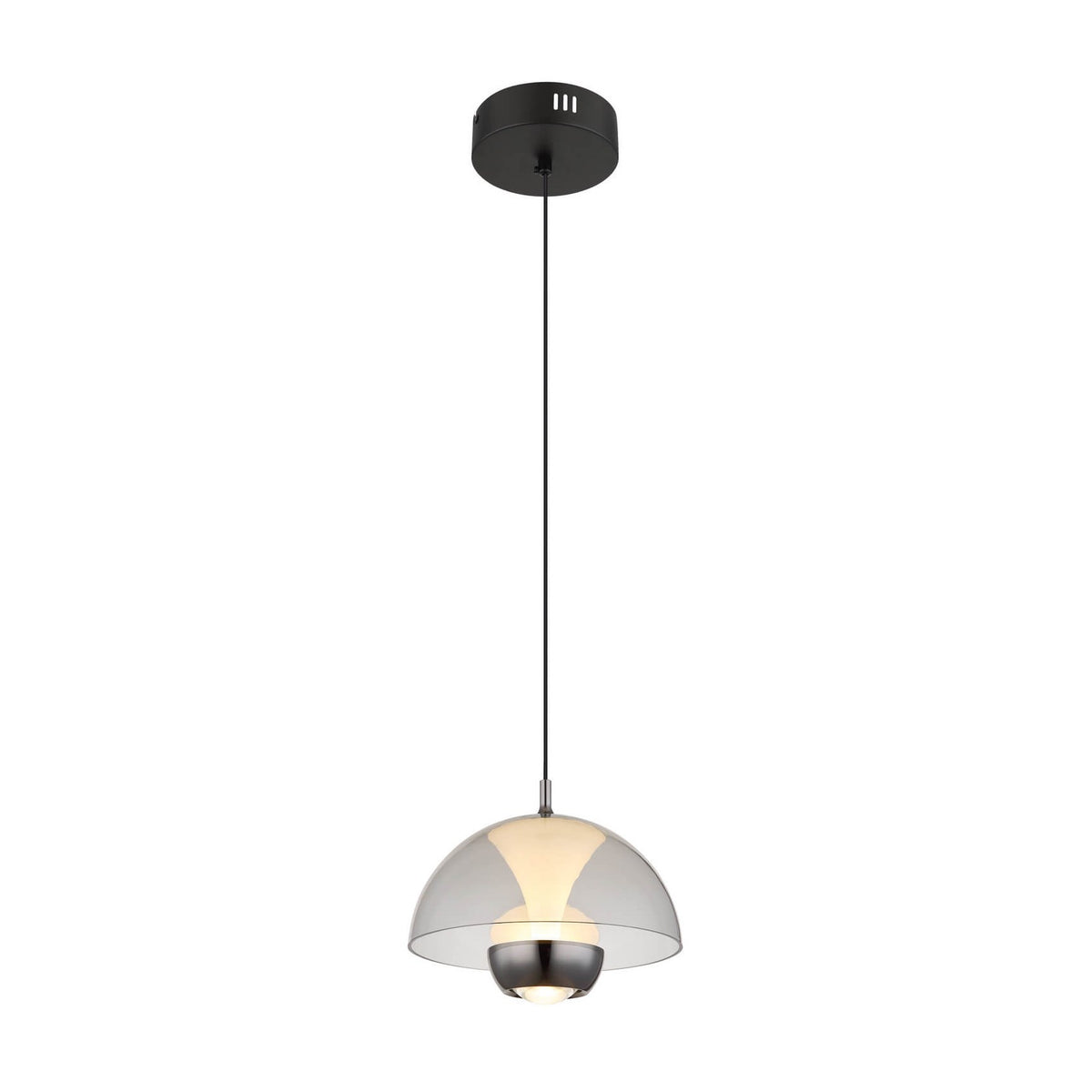 Suspension noire vue de face sur fond blanc, câble et rosace plafond visibles