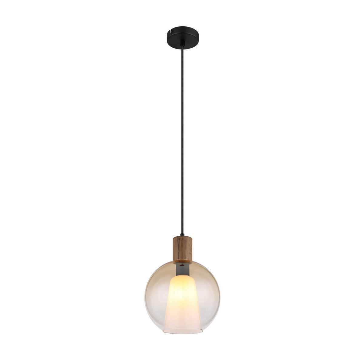 Vue de face du luminaire suspendu sur fond blanc, câble et rosace visibles.