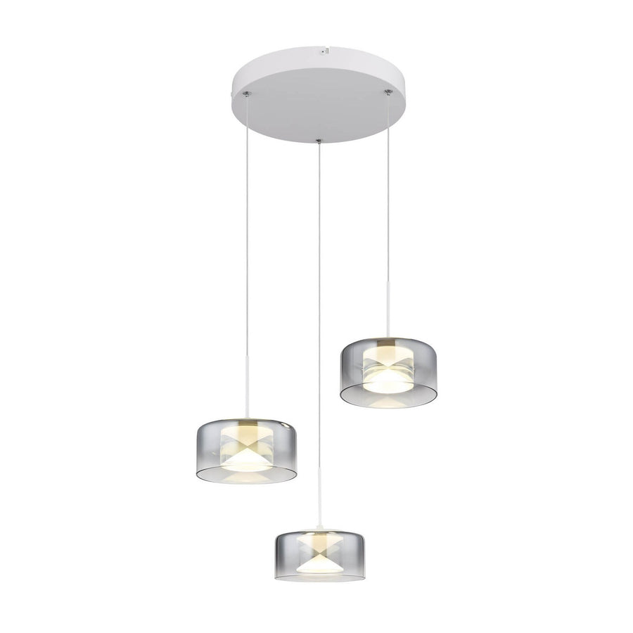 Suspension trois cylindres en verre fumé, vue de face sur fond blanc.