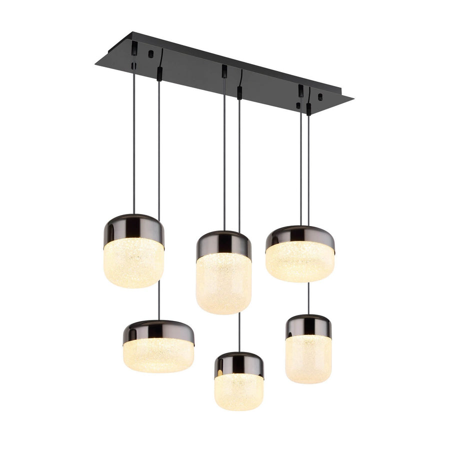 Suspension six lumières vue de face, diffuseurs cylindriques suspendus sous un plafonnier rectangulaire anthracite