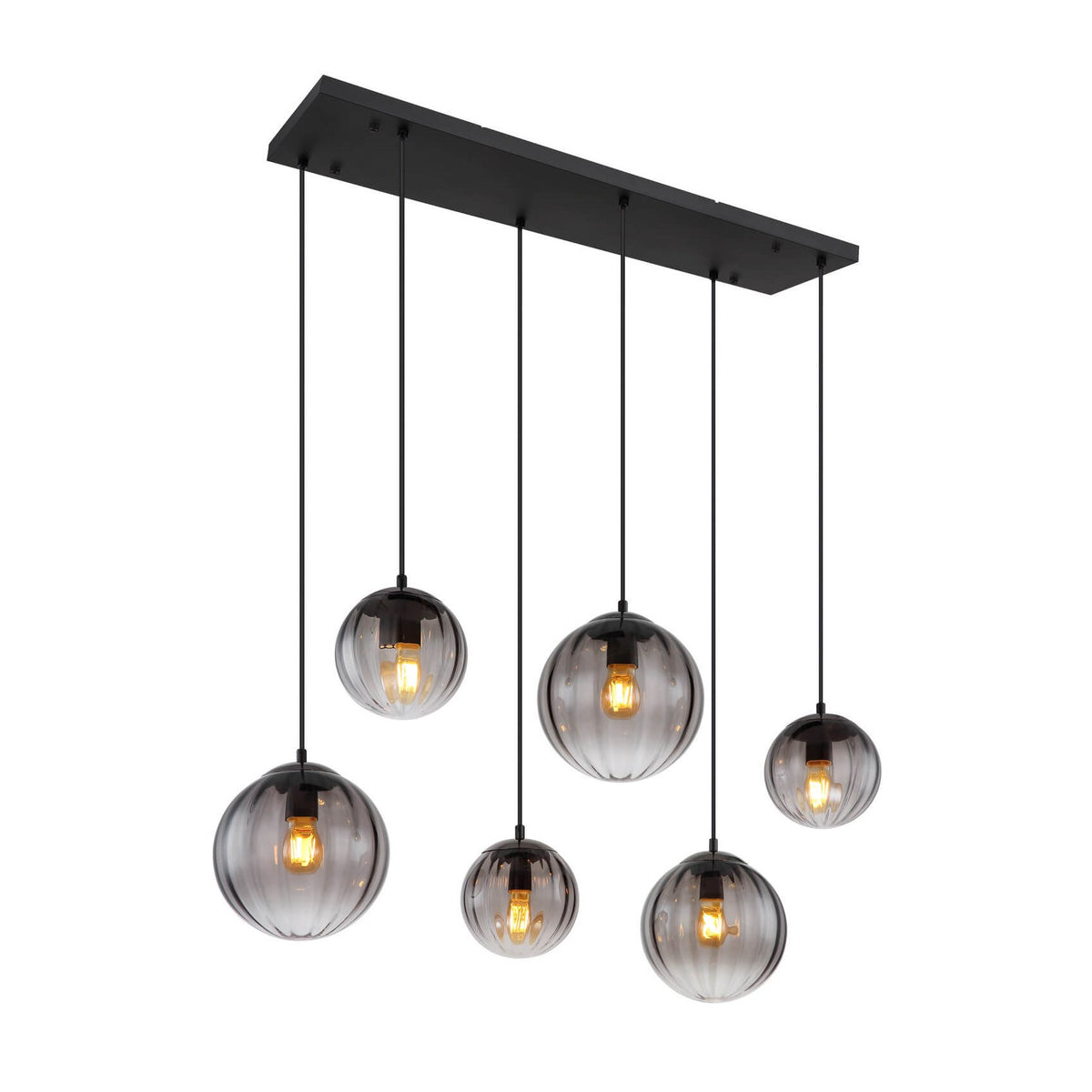 Suspension six globes en verre fumé suspendus à une barre noire, fond blanc.