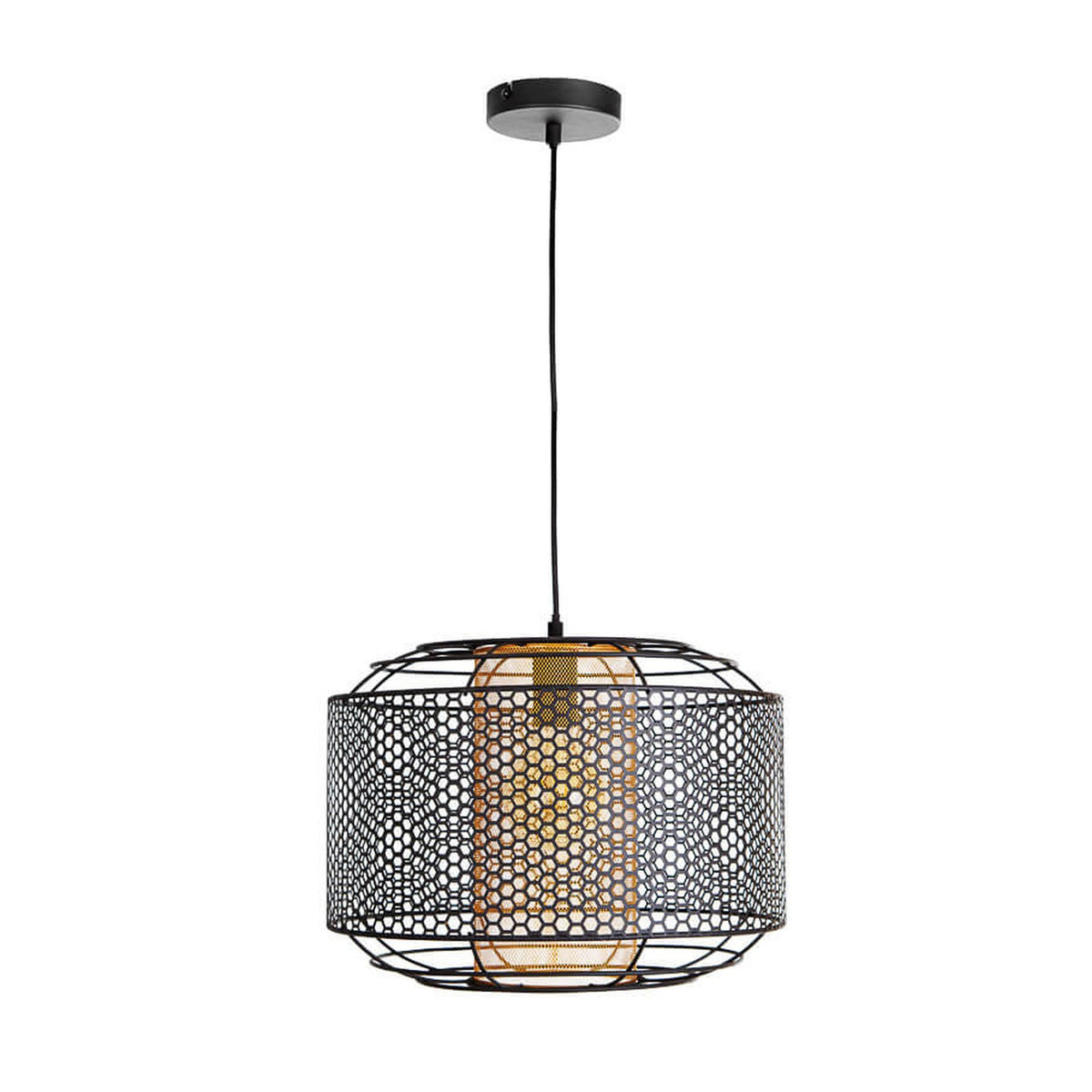 Vue de face du luminaire suspendu, abat-jour cylindrique noir et grille dorée