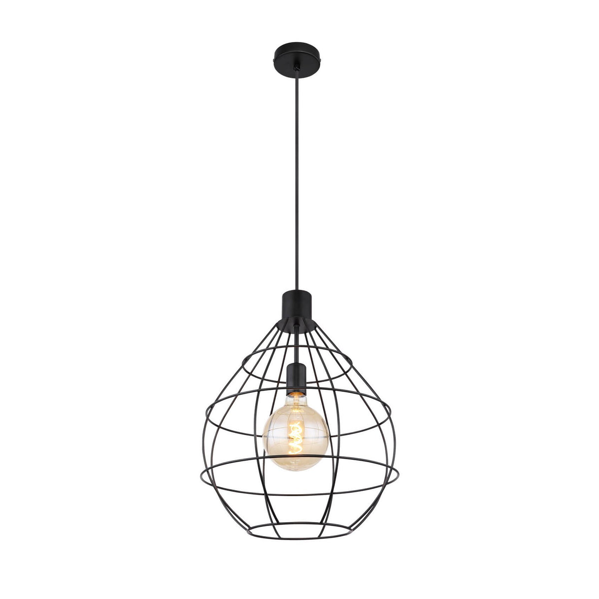 Suspension noire en fil métallique avec ampoule globe allumée, fond blanc