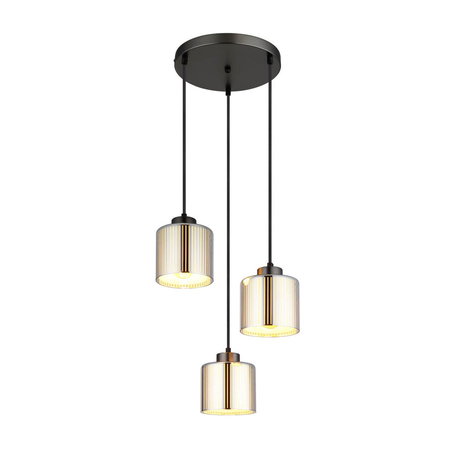 Suspension trois abat-jours cylindriques en verre strié, câbles noirs sur fond blanc