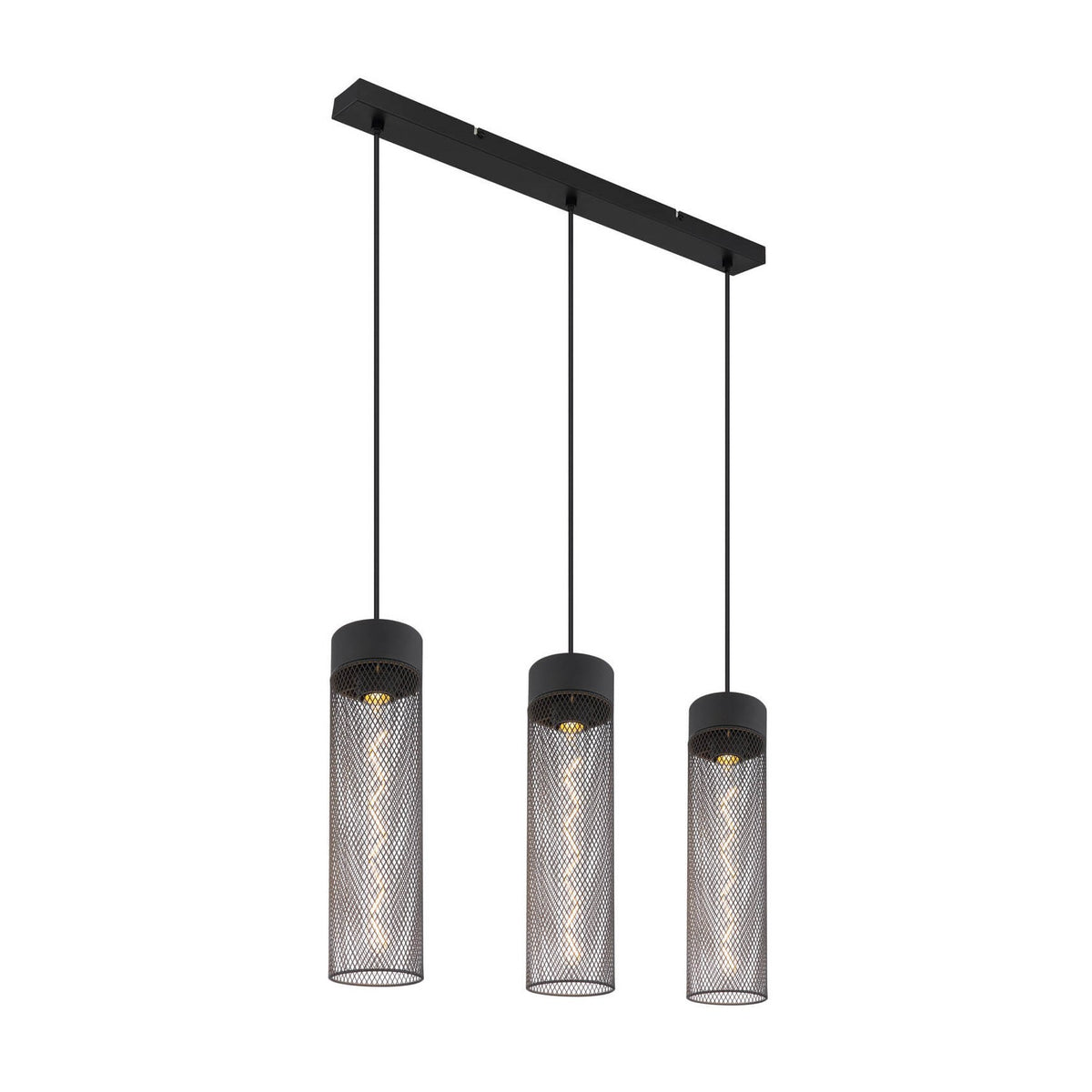 Vue de face du luminaire complet avec ses trois cylindres suspendus