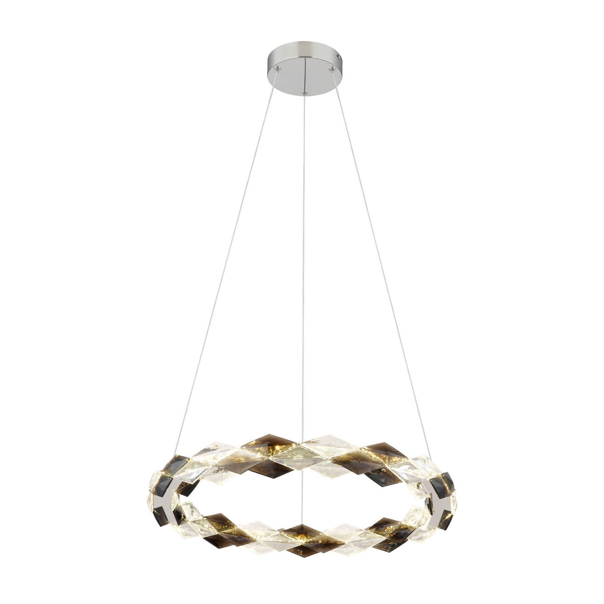 Suspension circulaire chromée vue de face, anneau de losanges cristal transparents et fumés