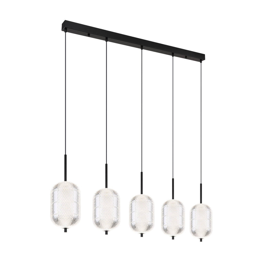 Suspension cinq lumières vue de trois quarts sur fond blanc