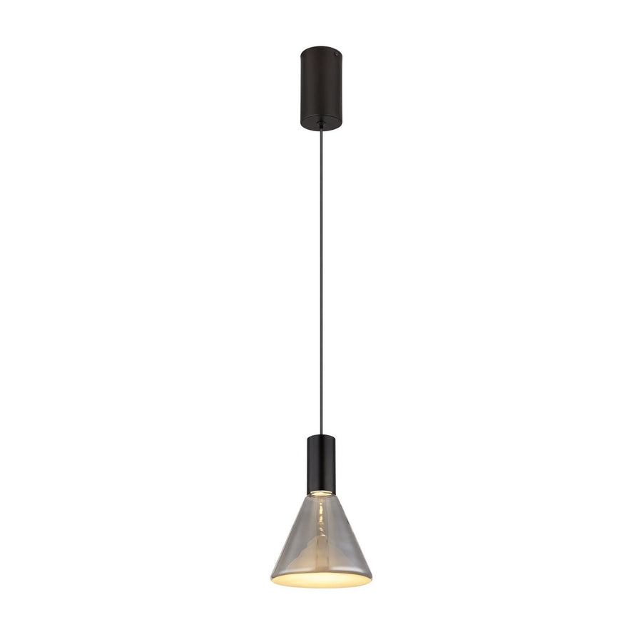 Suspension noire vue de face sur fond blanc, verre fumé et lumière chaude