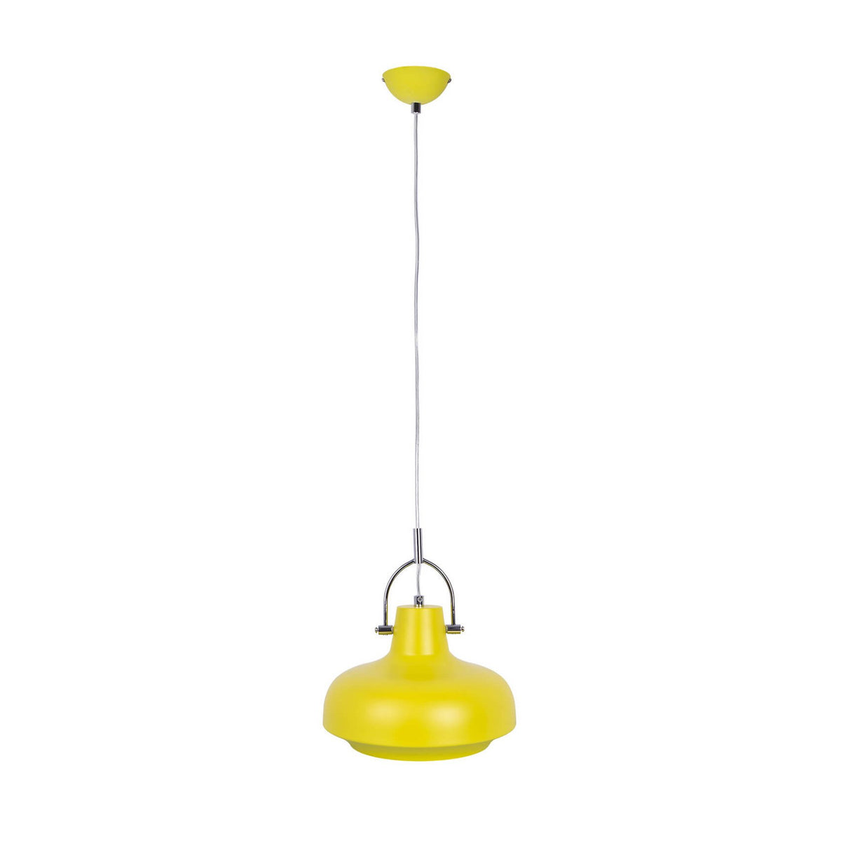 Suspension jaune vue de face, câble chromé et rosace de fixation au plafond