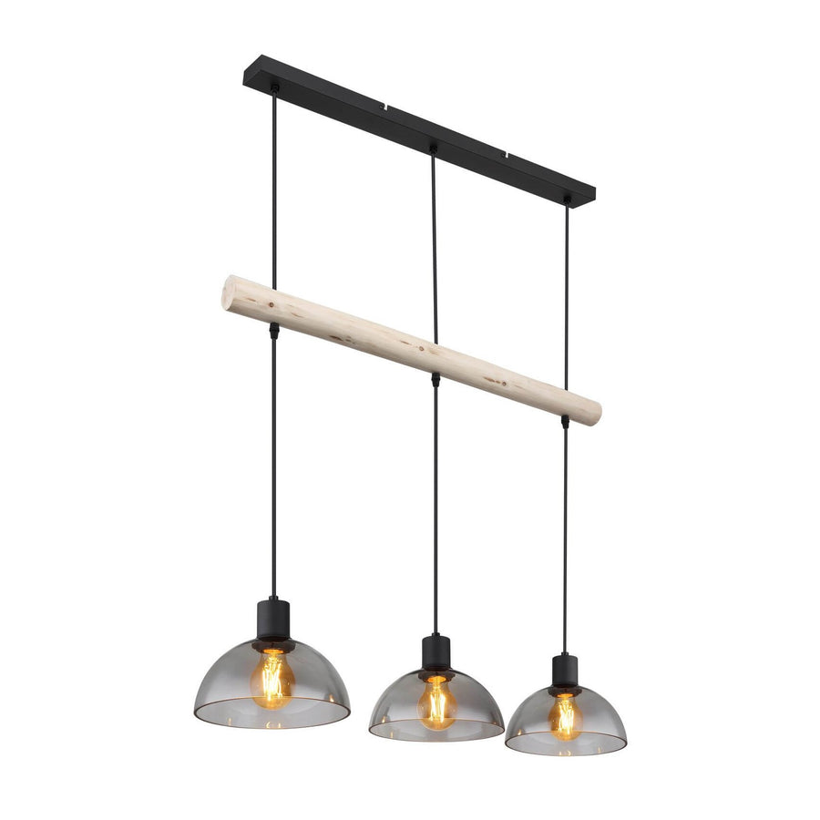 Suspension trois lumières de face, verre fumé et traverse en bois clair