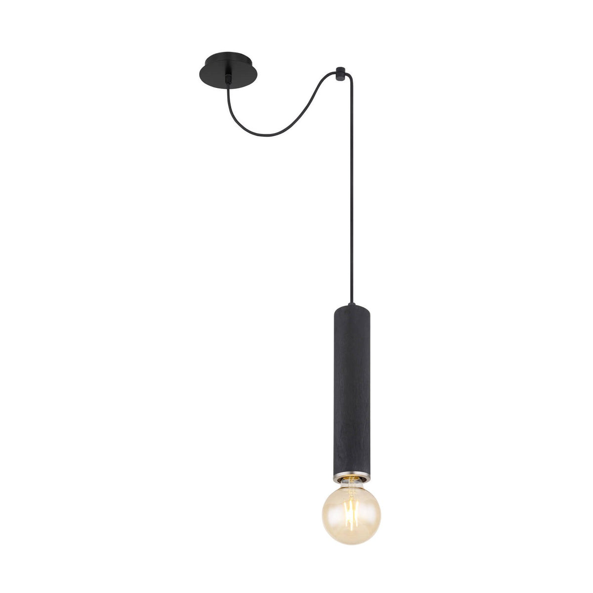 Vue d'ensemble de la suspension noire avec câble courbé sur fond blanc.