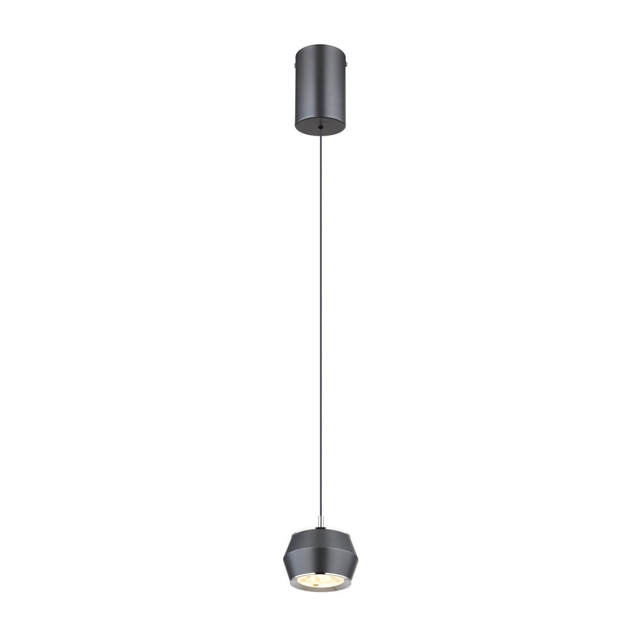Suspension grise sur fond blanc, vue de face, câble et rosace visibles.