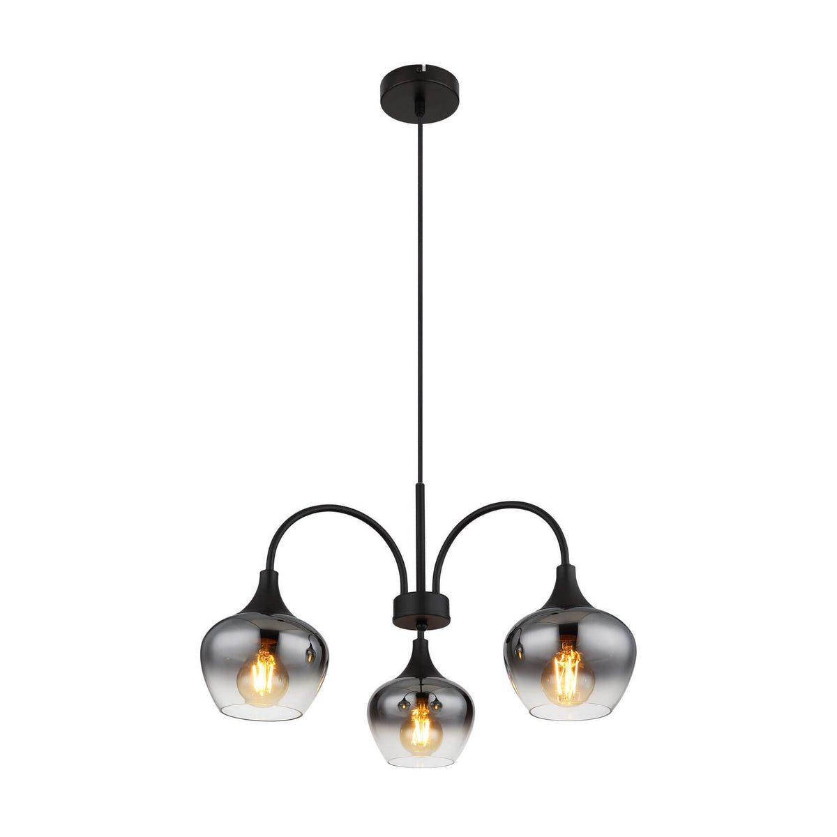 Suspension noire à trois bras avec globes en verre fumé, vue de face