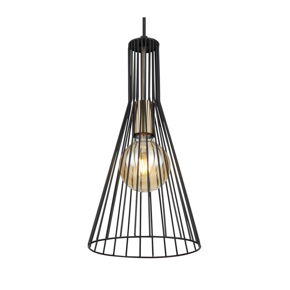 Suspension noire en métal ajouré, cage conique et ampoule en verre ambré