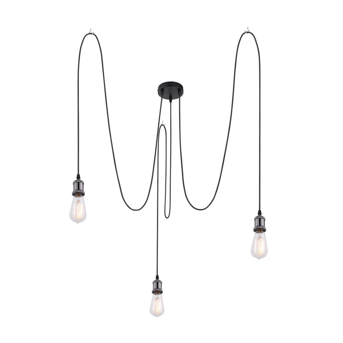 Vue de face du luminaire noir à trois suspensions et câbles formant de grandes boucles