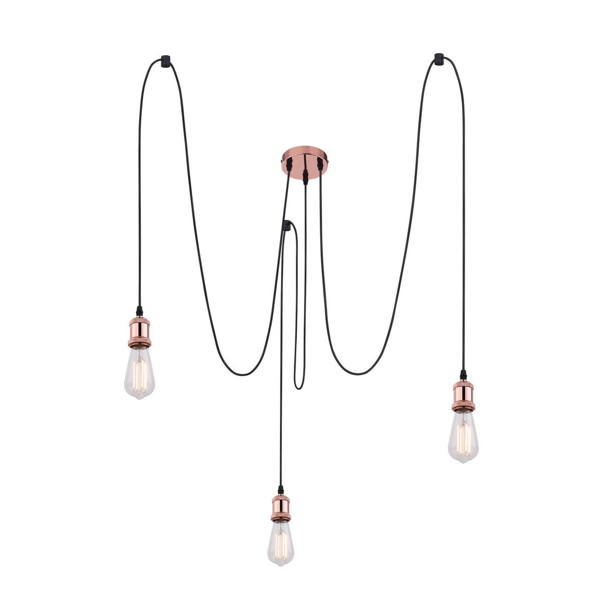 Suspension triple à câbles noirs et douilles cuivrées, ampoules visibles sur fond blanc