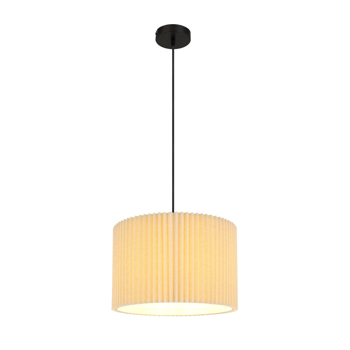 Suspension allumée vue de face, abat-jour cylindrique plissé beige et câble noir