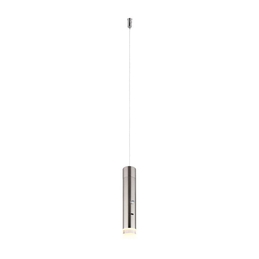 Suspension cylindrique nickel satiné vue de face avec cordon et diffuseur allumé