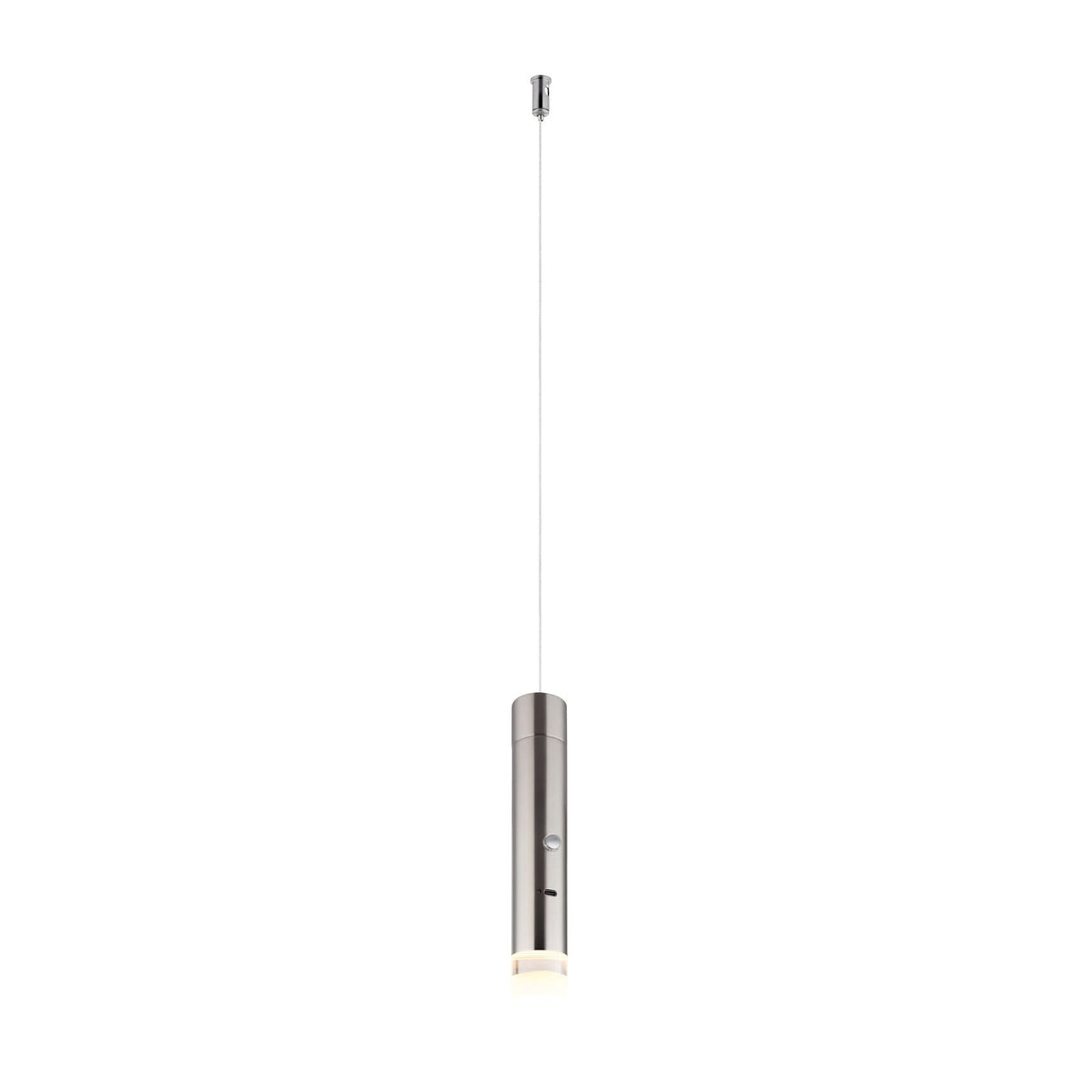 Suspension cylindrique nickel satiné vue de face avec cordon et diffuseur allumé