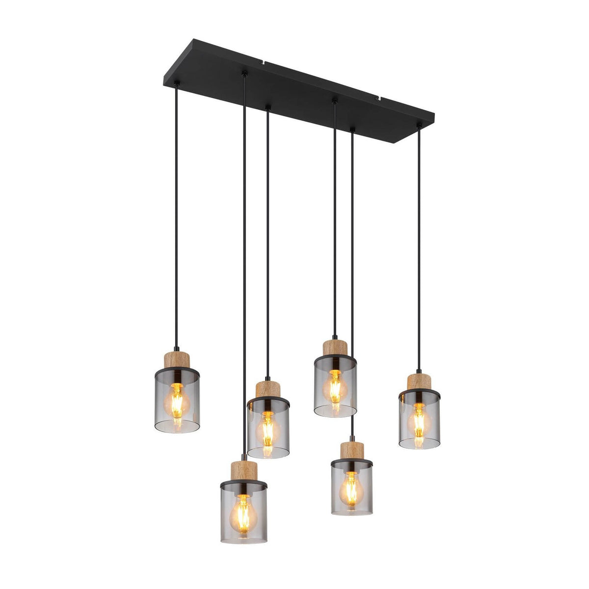 Suspension six lumières vue de face, verres cylindriques fumés et câbles noirs