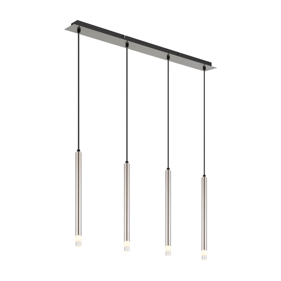 Suspension vue de trois quarts, plaque rectangulaire noire et quatre longs tubes nickel satiné