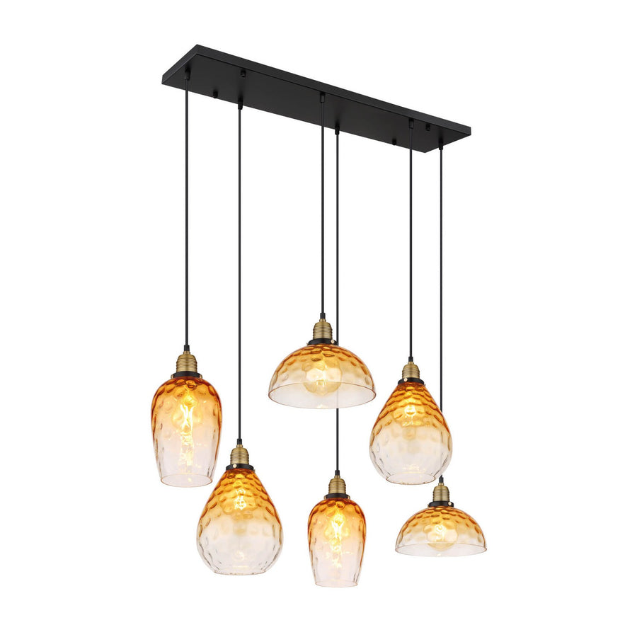 Vue de face de la suspension six lumières avec verres ambrés et structure noire