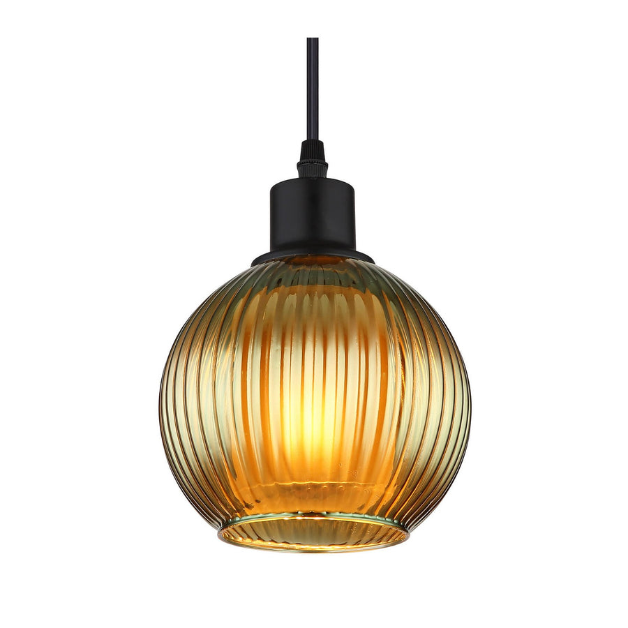 Suspension de face, globe en verre ambré strié et douille noire mate