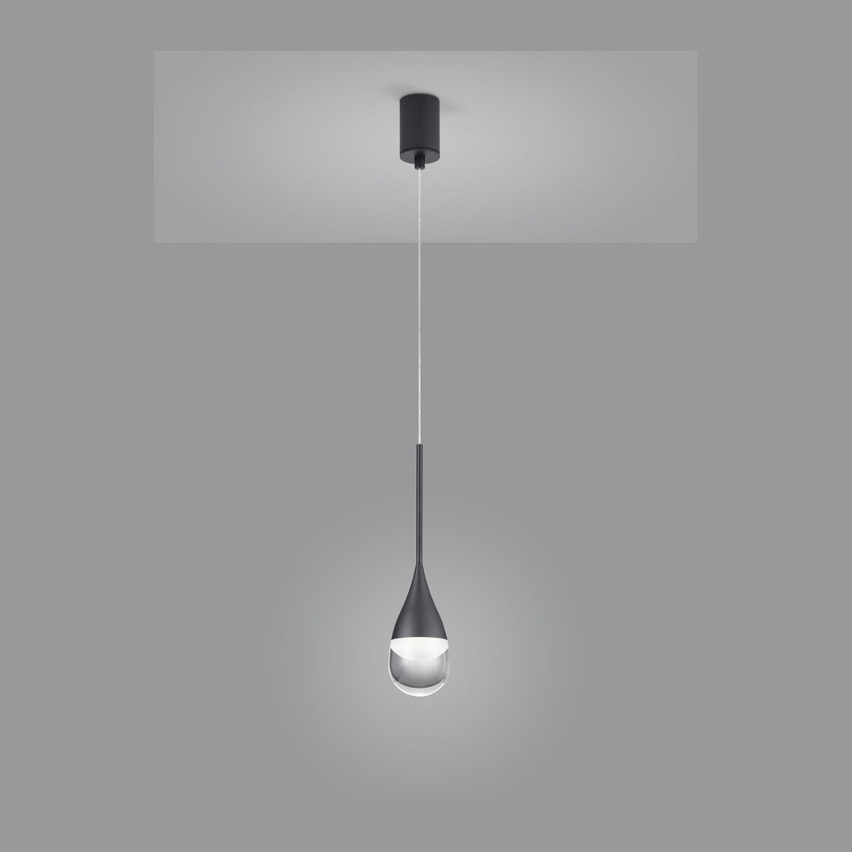 Suspension noire vue de face sur fond gris, rosace au plafond et diffuseur en verre.
