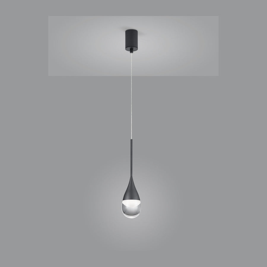 Suspension noire vue de face sur fond gris, rosace au plafond et diffuseur en verre.