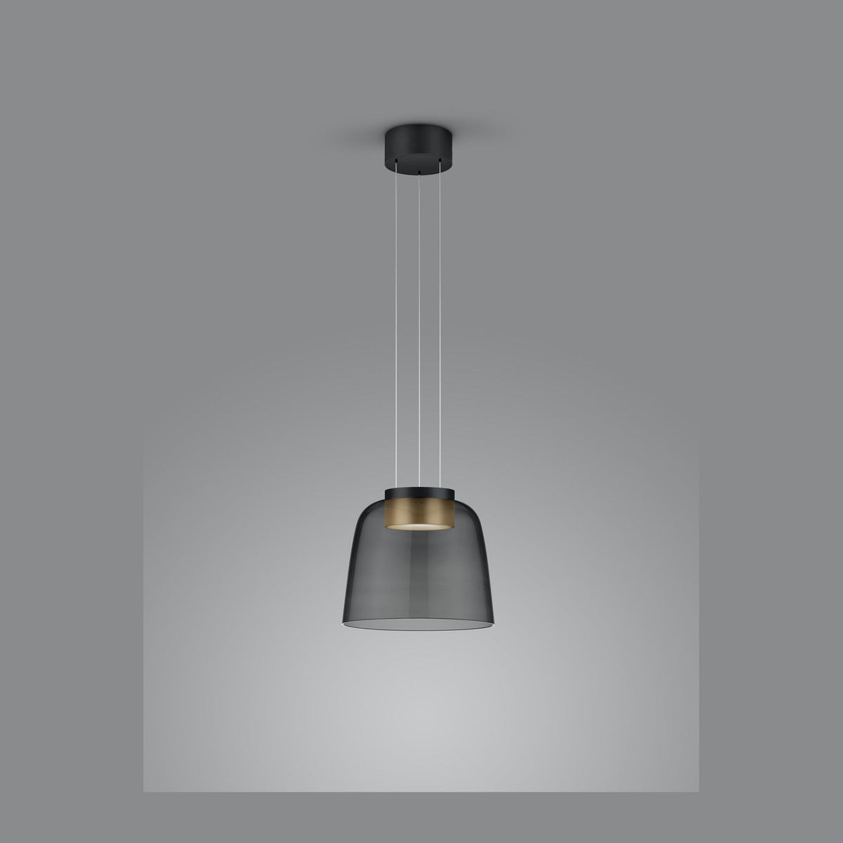 Vue de face de la suspension noire, abat-jour en verre fumé et intérieur doré.