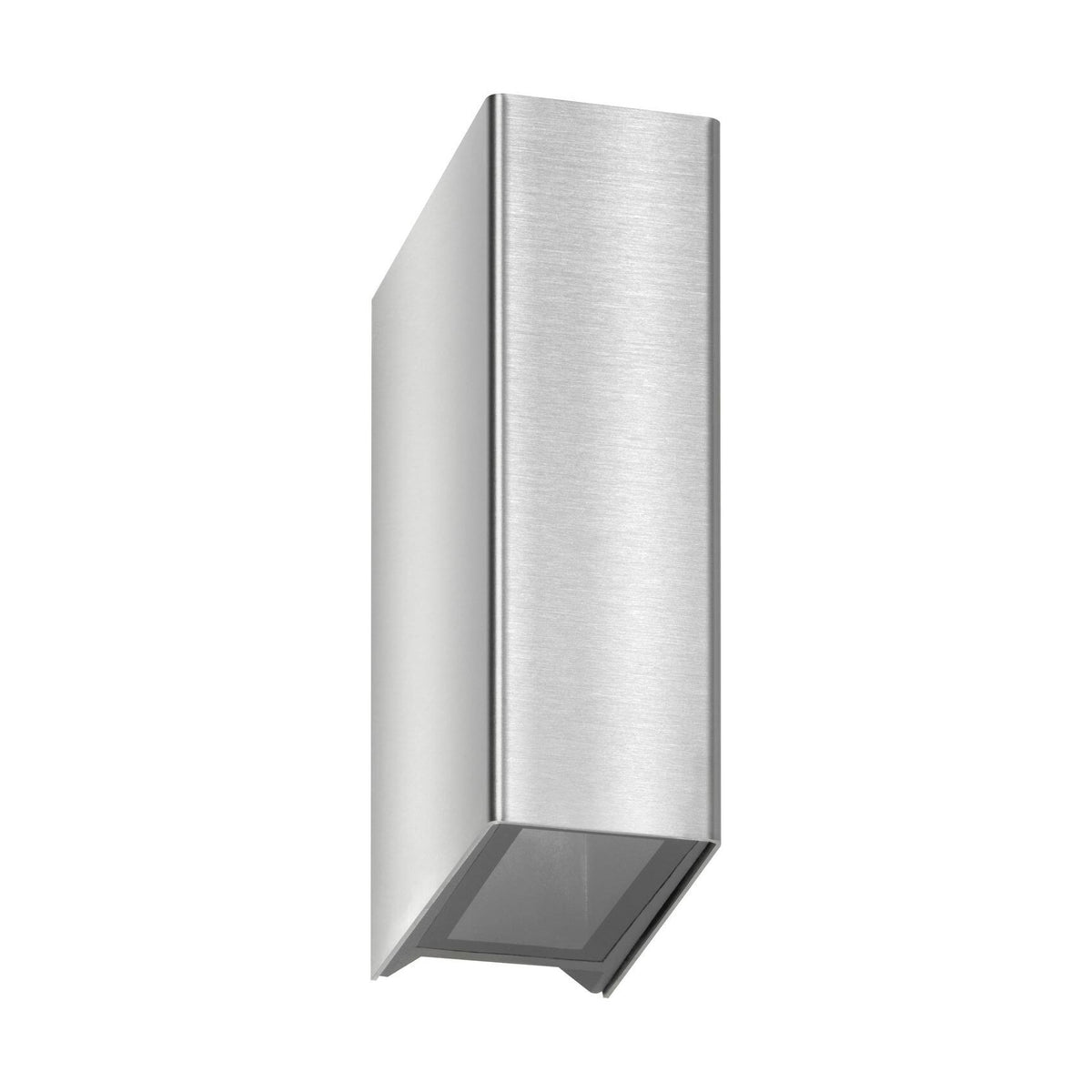 Applique murale extérieure en inox brossé, vue de trois quarts montrant la façade rectangulaire