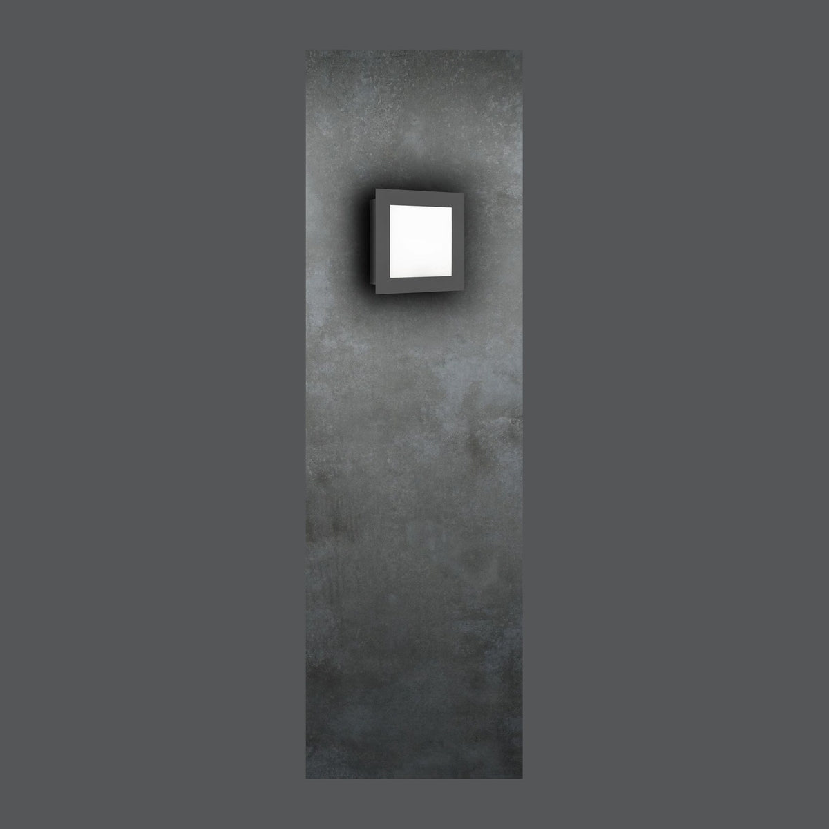Applique murale carrée anthracite allumée, fixée sur un mur en béton gris