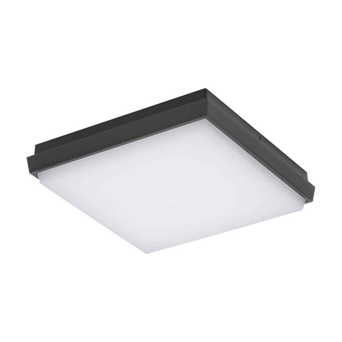 Vue de dessous du luminaire carré, cadre anthracite et diffuseur blanc dépoli