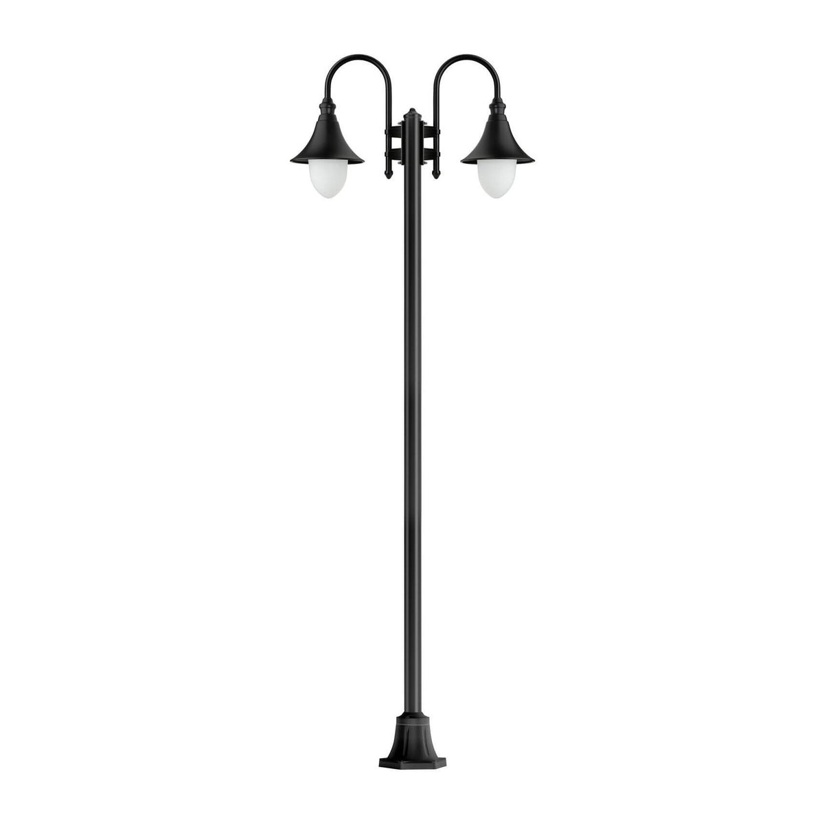 Vue de face du lampadaire noir à deux têtes sur fond blanc
