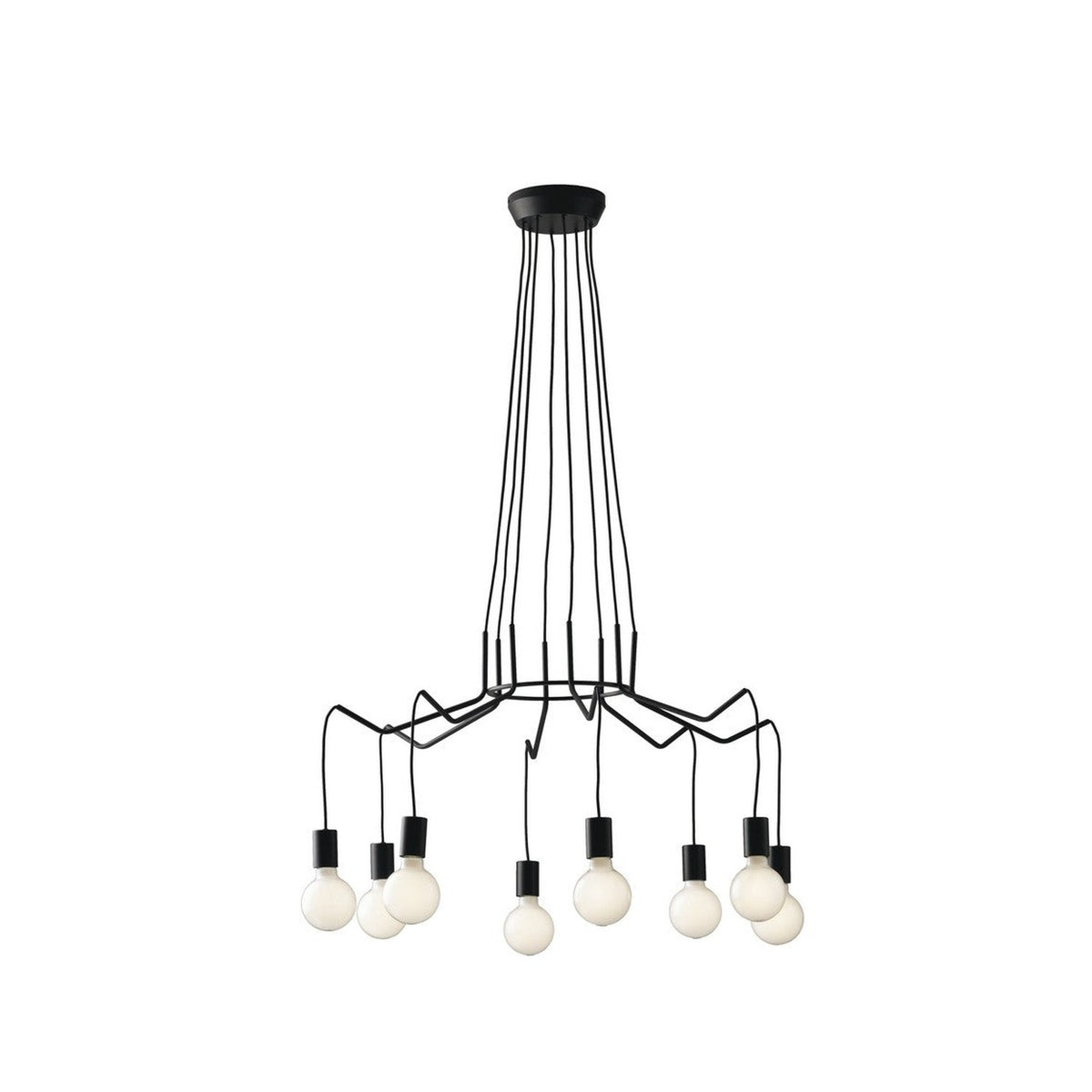 Lustre suspension noir à neuf ampoules, vue de face sur fond blanc