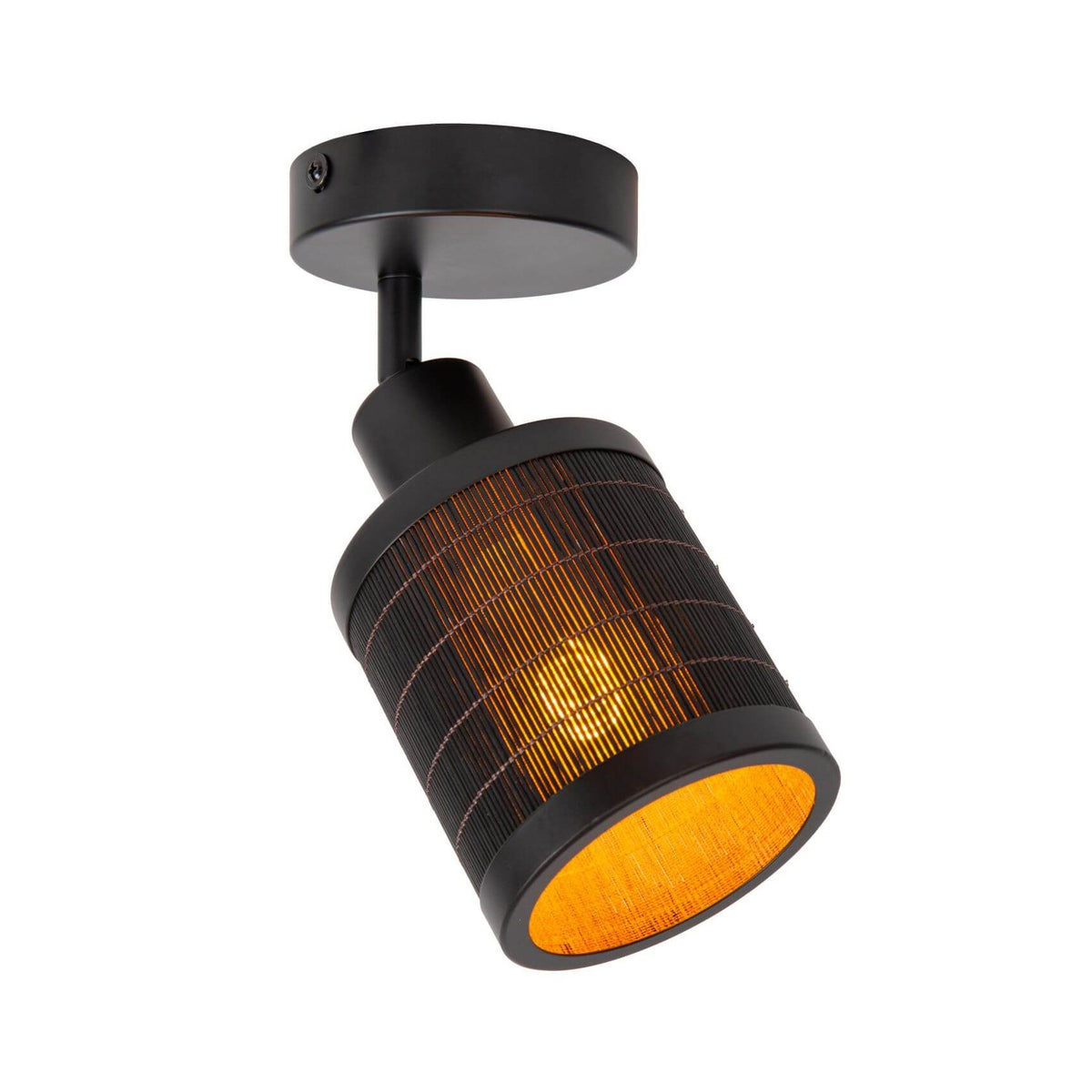 Vue de trois quarts du luminaire noir à abat-jour cylindrique en bois clair