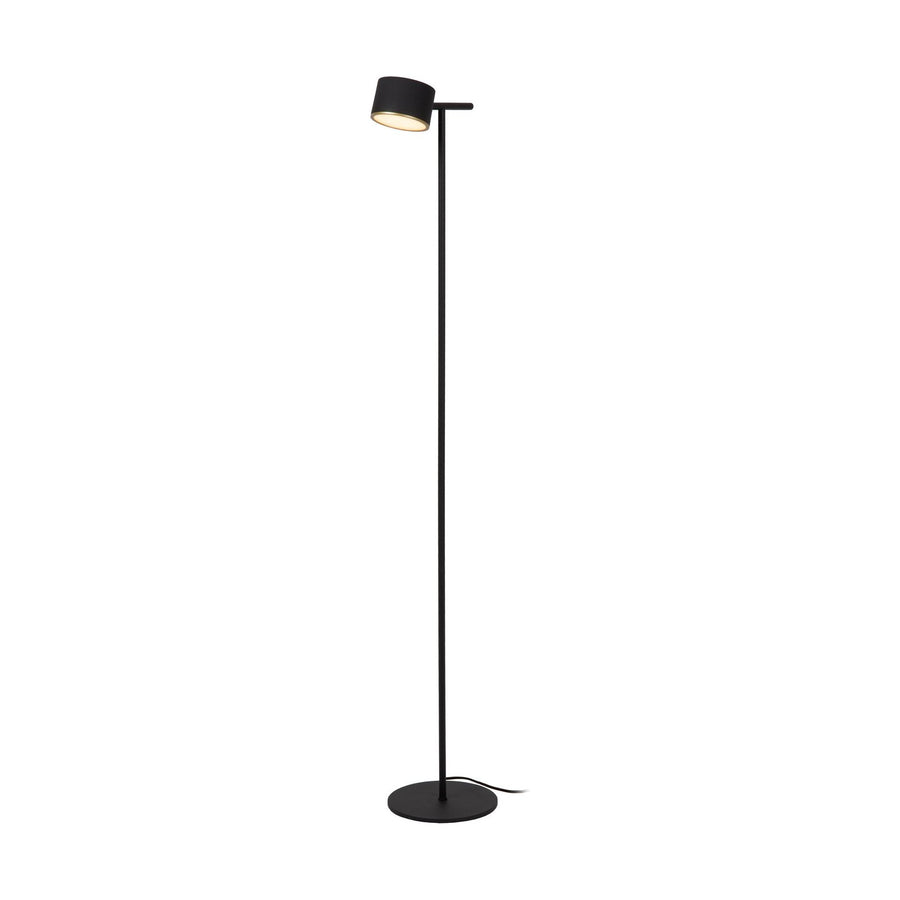 Lampadaire noir entier de face sur fond blanc, tige verticale et base ronde