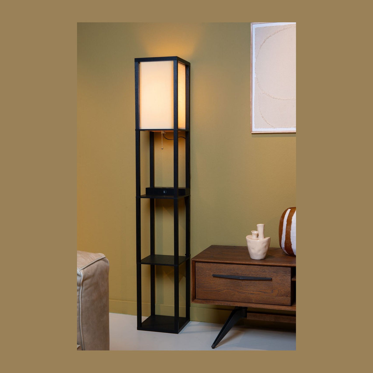 Lampadaire Menno noir et beige, coton, H 162,7 cm