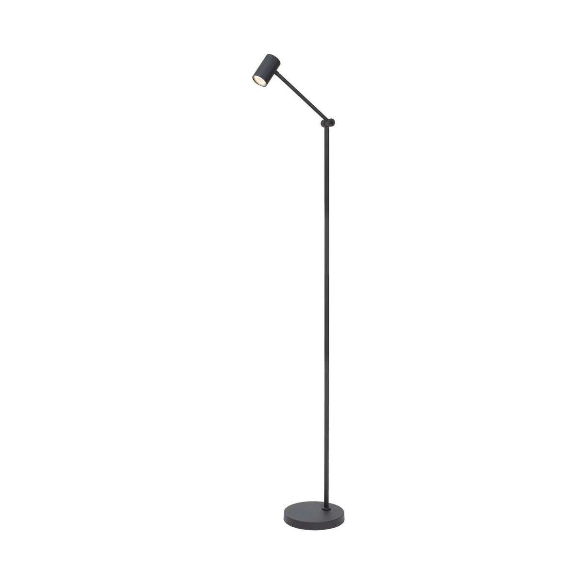 Lampadaire noir entier, tête cylindrique orientable, tige mince et base ronde.