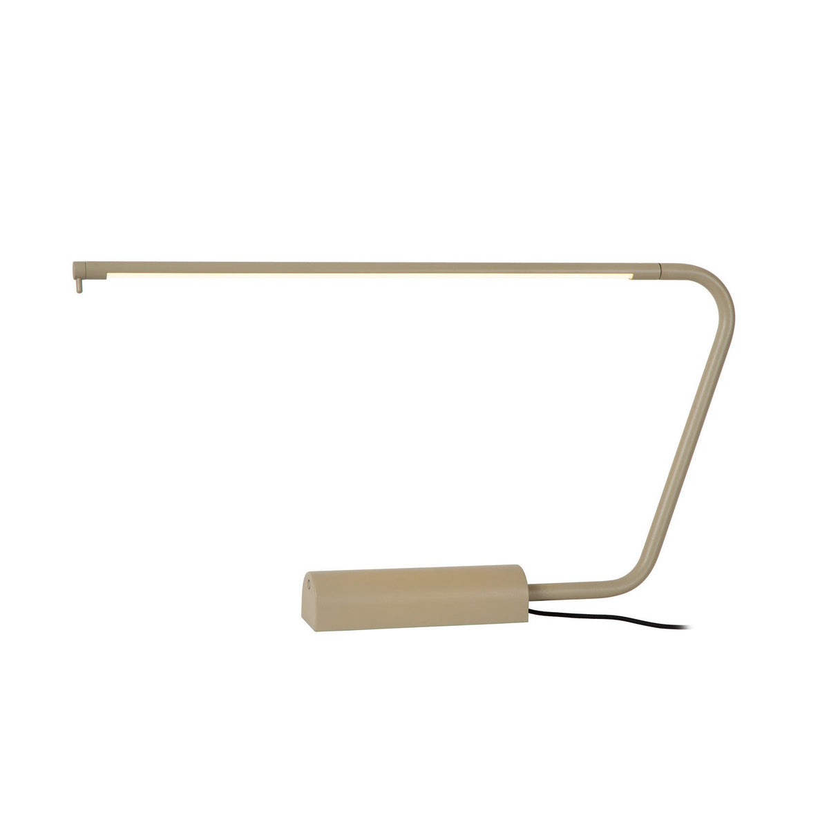 Vue de profil du luminaire taupe, bras fin incliné et long diffuseur linéaire